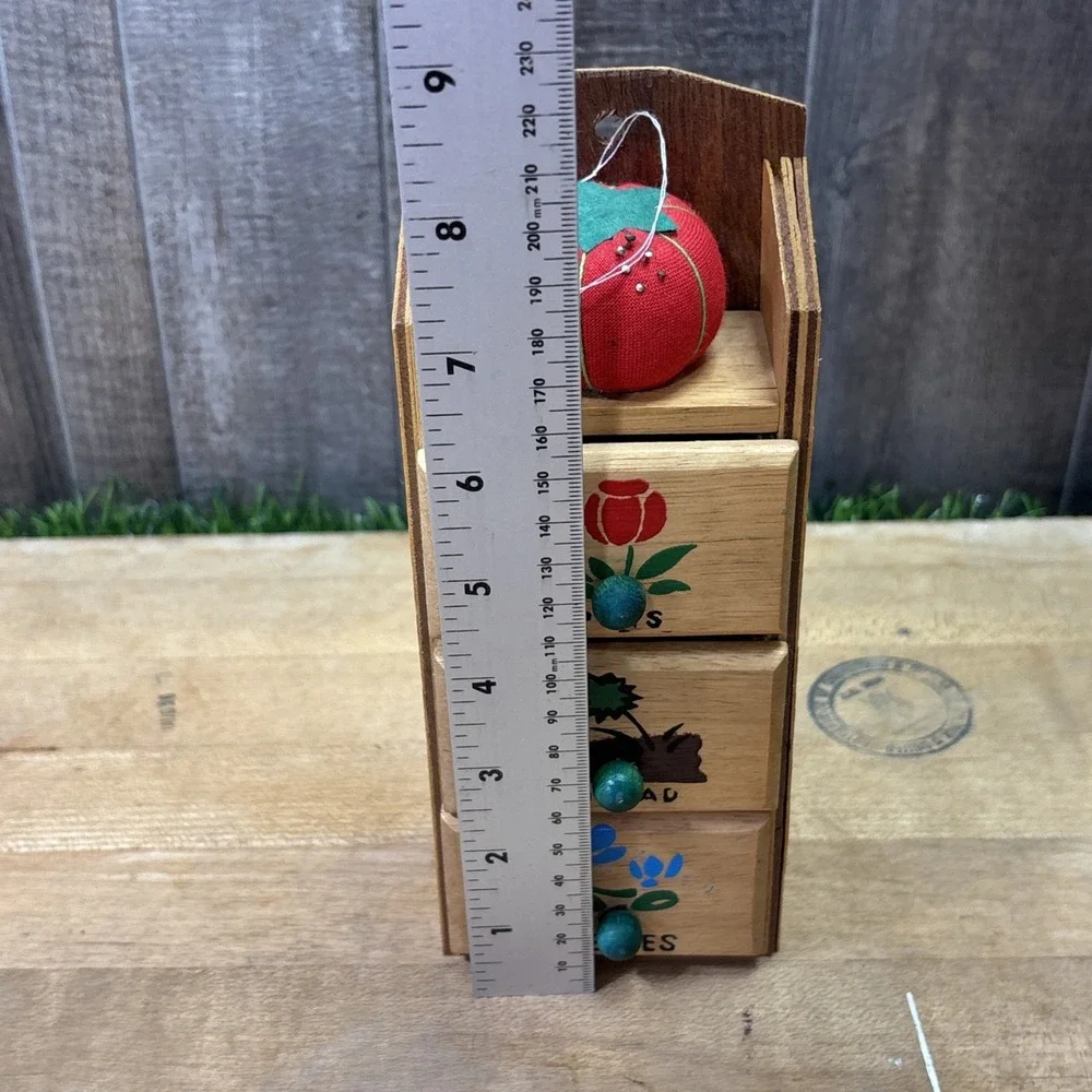 Vintage Wooden Sewing Caddy 3 Drawer Organizer Tomato Pincushion Retro